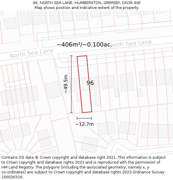 96, NORTH SEA LANE, HUMBERSTON, GRIMSBY, DN36 4XE: Plot and title map