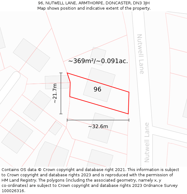 96, NUTWELL LANE, ARMTHORPE, DONCASTER, DN3 3JH: Plot and title map