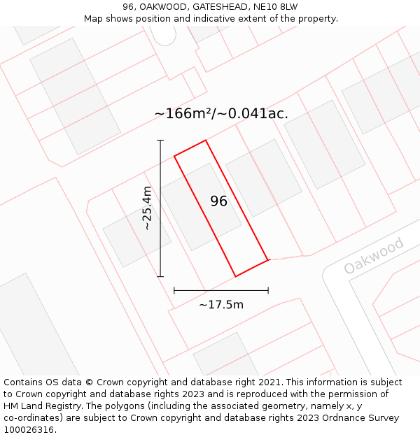 96, OAKWOOD, GATESHEAD, NE10 8LW: Plot and title map