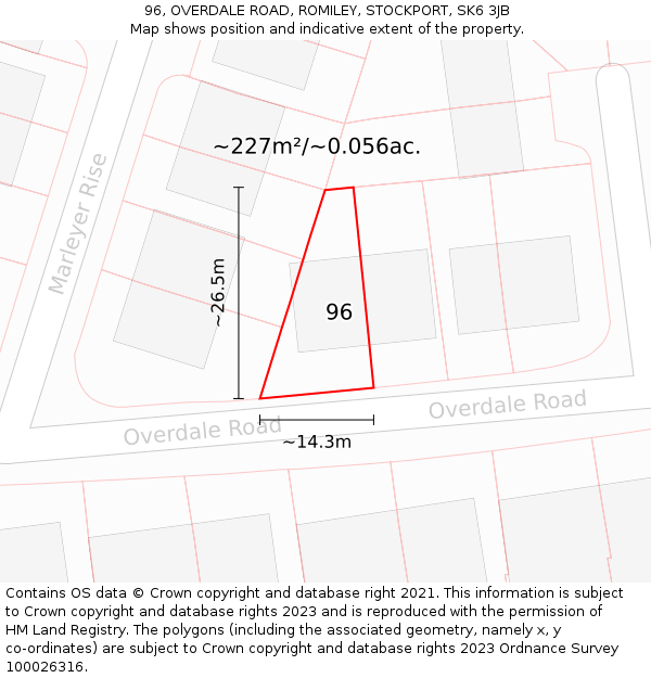 96, OVERDALE ROAD, ROMILEY, STOCKPORT, SK6 3JB: Plot and title map