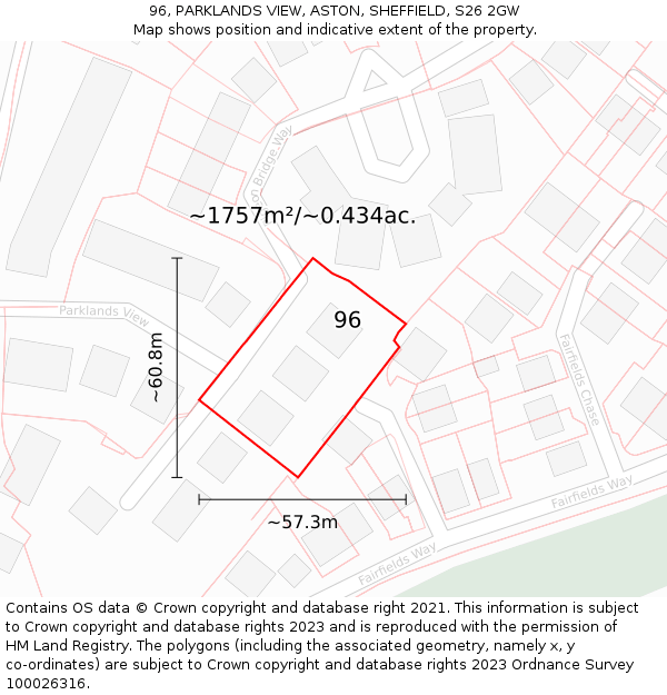 96, PARKLANDS VIEW, ASTON, SHEFFIELD, S26 2GW: Plot and title map