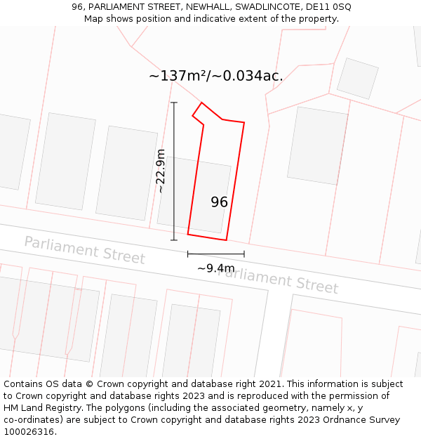 96, PARLIAMENT STREET, NEWHALL, SWADLINCOTE, DE11 0SQ: Plot and title map