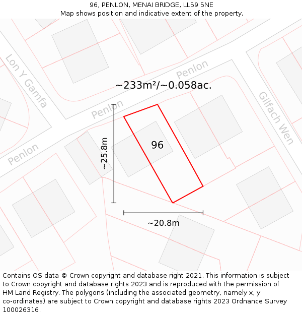 96, PENLON, MENAI BRIDGE, LL59 5NE: Plot and title map