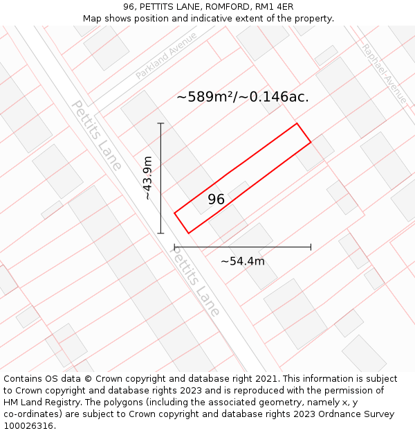 96, PETTITS LANE, ROMFORD, RM1 4ER: Plot and title map