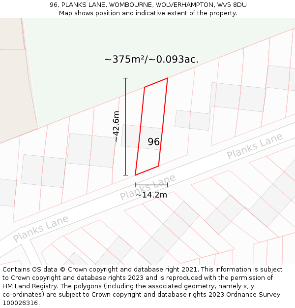 96, PLANKS LANE, WOMBOURNE, WOLVERHAMPTON, WV5 8DU: Plot and title map