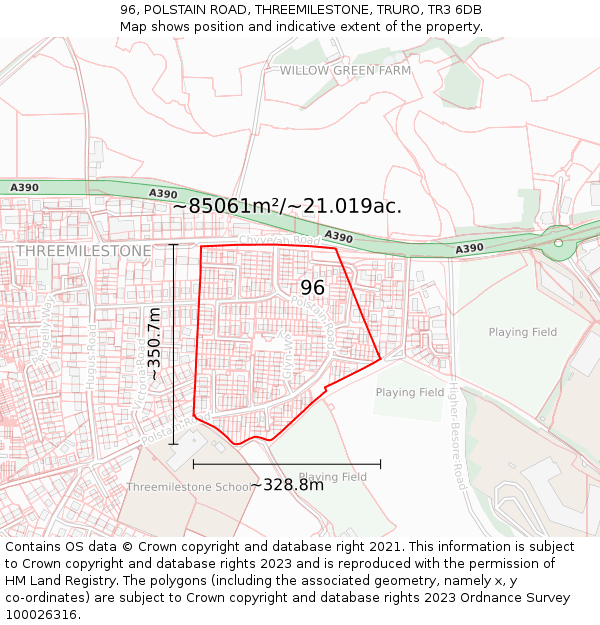 96, POLSTAIN ROAD, THREEMILESTONE, TRURO, TR3 6DB: Plot and title map