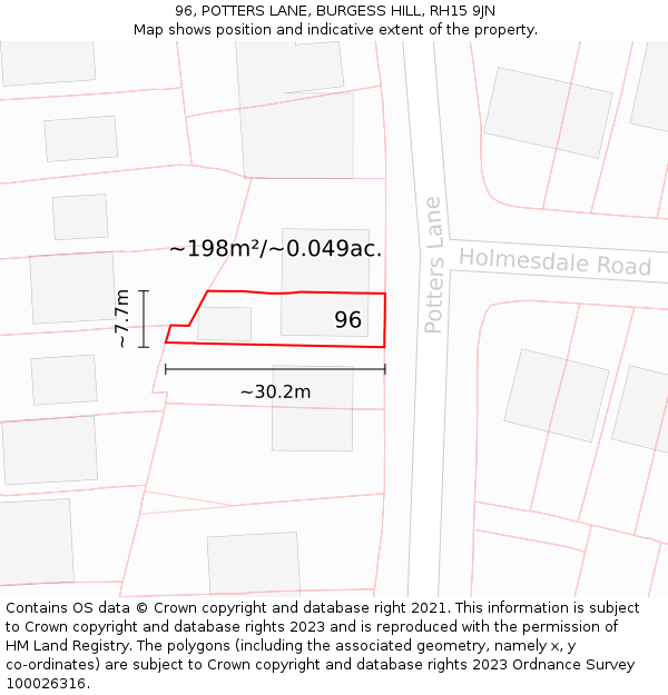 96, POTTERS LANE, BURGESS HILL, RH15 9JN: Plot and title map