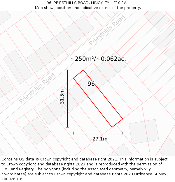 96, PRIESTHILLS ROAD, HINCKLEY, LE10 1AL: Plot and title map