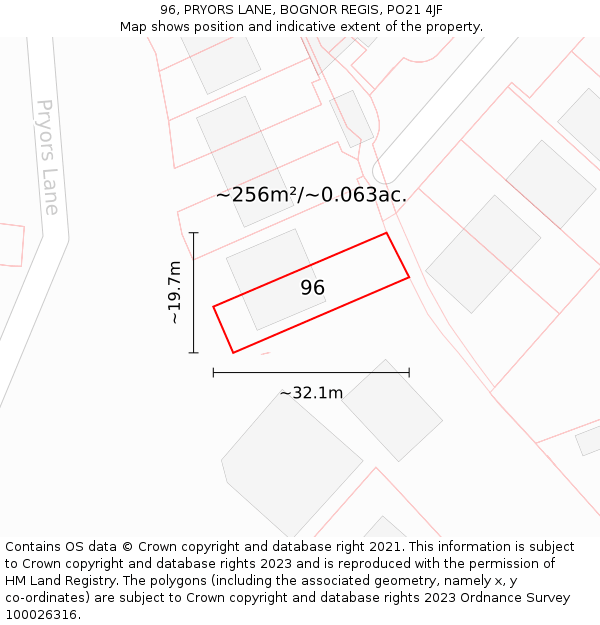 96, PRYORS LANE, BOGNOR REGIS, PO21 4JF: Plot and title map