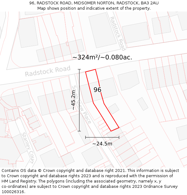 96, RADSTOCK ROAD, MIDSOMER NORTON, RADSTOCK, BA3 2AU: Plot and title map