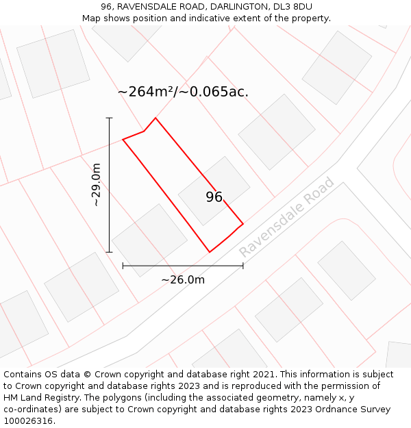 96, RAVENSDALE ROAD, DARLINGTON, DL3 8DU: Plot and title map