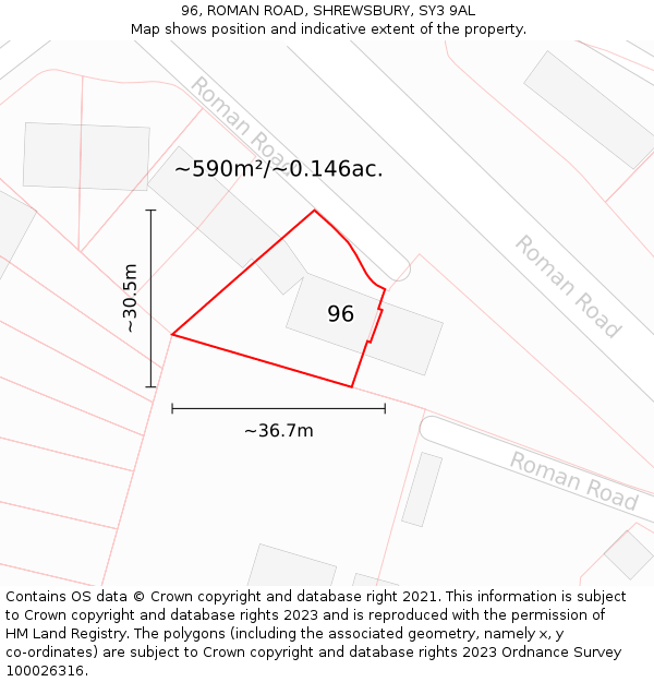 96, ROMAN ROAD, SHREWSBURY, SY3 9AL: Plot and title map