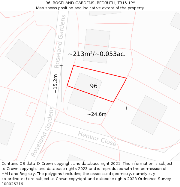 96, ROSELAND GARDENS, REDRUTH, TR15 1PY: Plot and title map