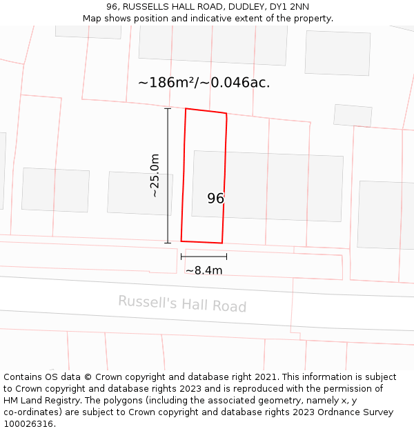 96, RUSSELLS HALL ROAD, DUDLEY, DY1 2NN: Plot and title map