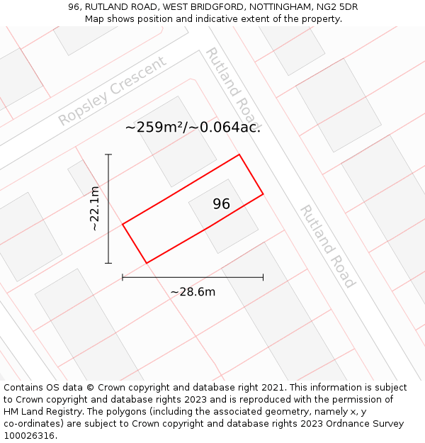 96, RUTLAND ROAD, WEST BRIDGFORD, NOTTINGHAM, NG2 5DR: Plot and title map