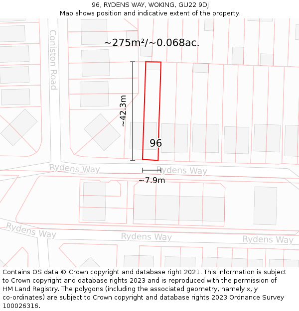 96, RYDENS WAY, WOKING, GU22 9DJ: Plot and title map
