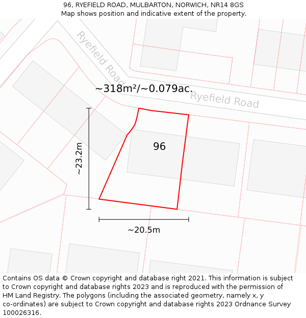 96, RYEFIELD ROAD, MULBARTON, NORWICH, NR14 8GS: Plot and title map