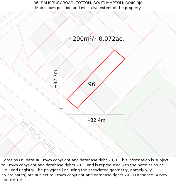 96, SALISBURY ROAD, TOTTON, SOUTHAMPTON, SO40 3JA: Plot and title map