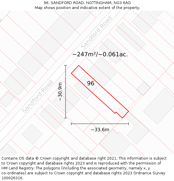 96, SANDFORD ROAD, NOTTINGHAM, NG3 6AG: Plot and title map