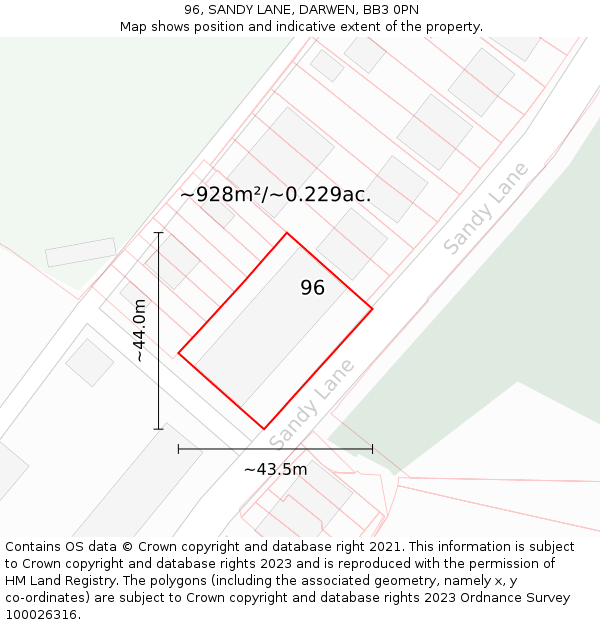 96, SANDY LANE, DARWEN, BB3 0PN: Plot and title map