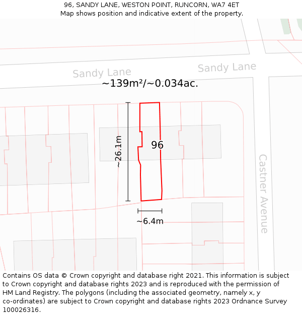 96, SANDY LANE, WESTON POINT, RUNCORN, WA7 4ET: Plot and title map