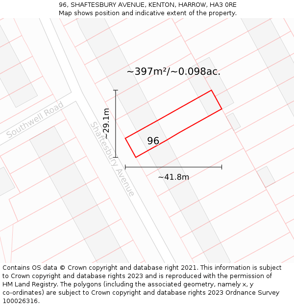 96, SHAFTESBURY AVENUE, KENTON, HARROW, HA3 0RE: Plot and title map