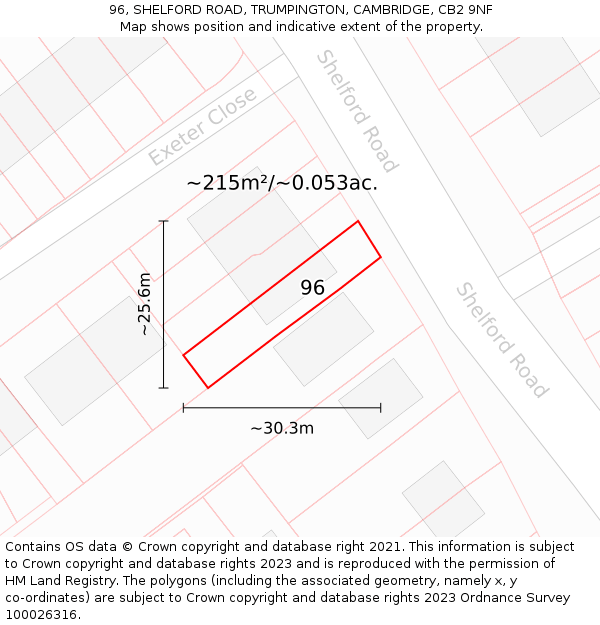 96, SHELFORD ROAD, TRUMPINGTON, CAMBRIDGE, CB2 9NF: Plot and title map