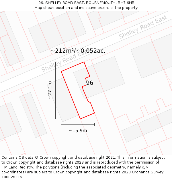 96, SHELLEY ROAD EAST, BOURNEMOUTH, BH7 6HB: Plot and title map