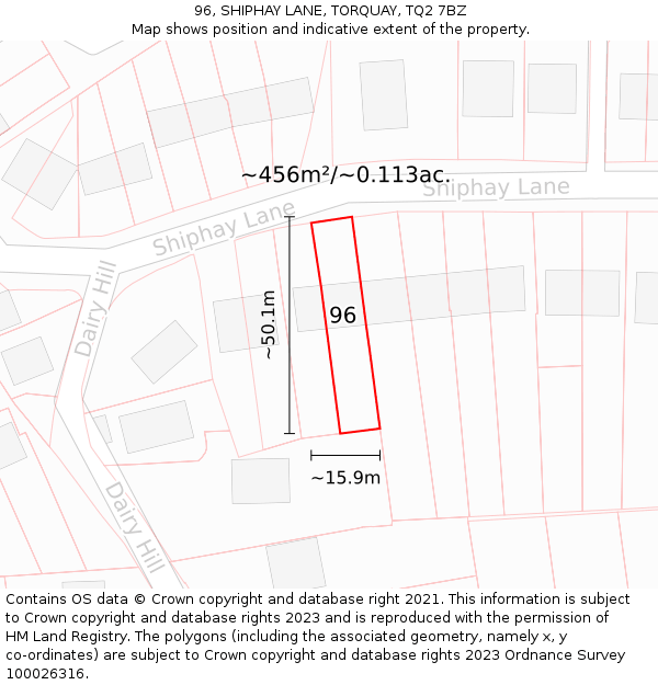 96, SHIPHAY LANE, TORQUAY, TQ2 7BZ: Plot and title map