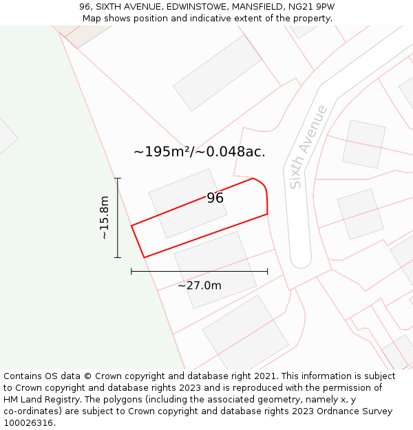 96, SIXTH AVENUE, EDWINSTOWE, MANSFIELD, NG21 9PW: Plot and title map