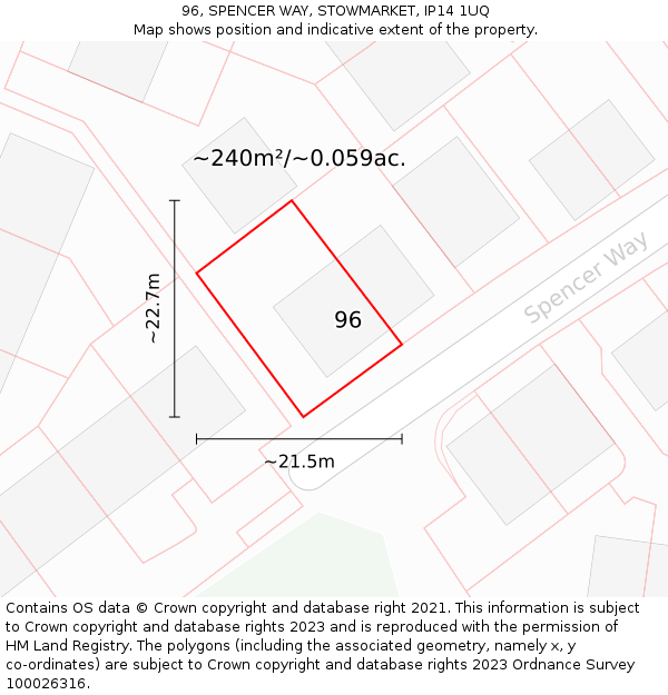 96, SPENCER WAY, STOWMARKET, IP14 1UQ: Plot and title map