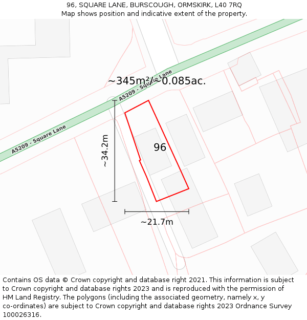 96, SQUARE LANE, BURSCOUGH, ORMSKIRK, L40 7RQ: Plot and title map