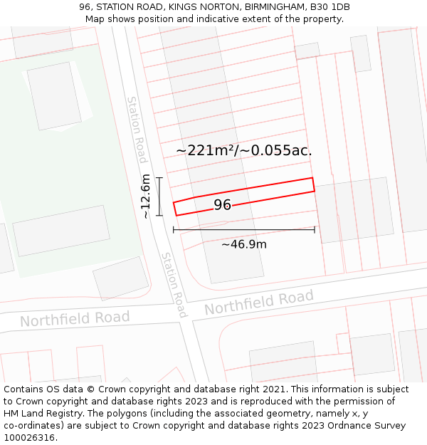 96, STATION ROAD, KINGS NORTON, BIRMINGHAM, B30 1DB: Plot and title map