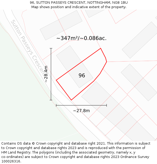 96, SUTTON PASSEYS CRESCENT, NOTTINGHAM, NG8 1BU: Plot and title map