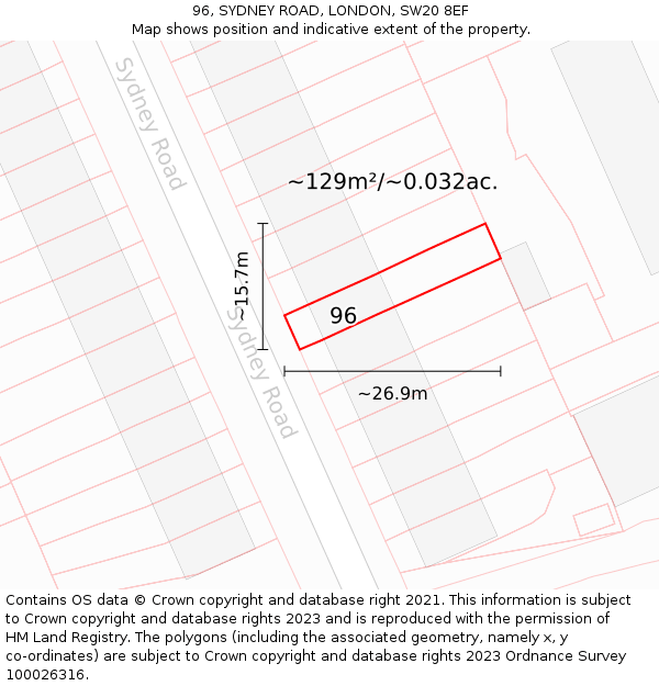 96, SYDNEY ROAD, LONDON, SW20 8EF: Plot and title map