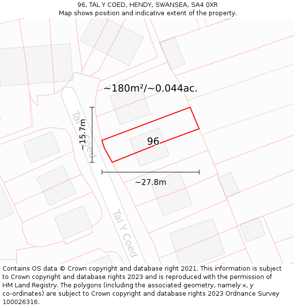 96, TAL Y COED, HENDY, SWANSEA, SA4 0XR: Plot and title map