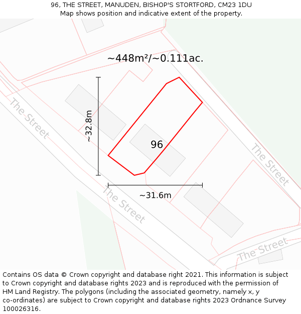 96, THE STREET, MANUDEN, BISHOP'S STORTFORD, CM23 1DU: Plot and title map