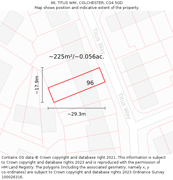 96, TITUS WAY, COLCHESTER, CO4 5GD: Plot and title map