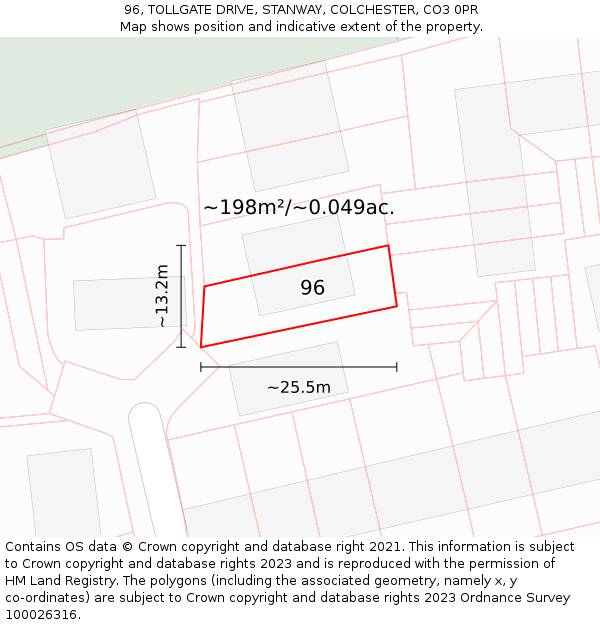 96, TOLLGATE DRIVE, STANWAY, COLCHESTER, CO3 0PR: Plot and title map