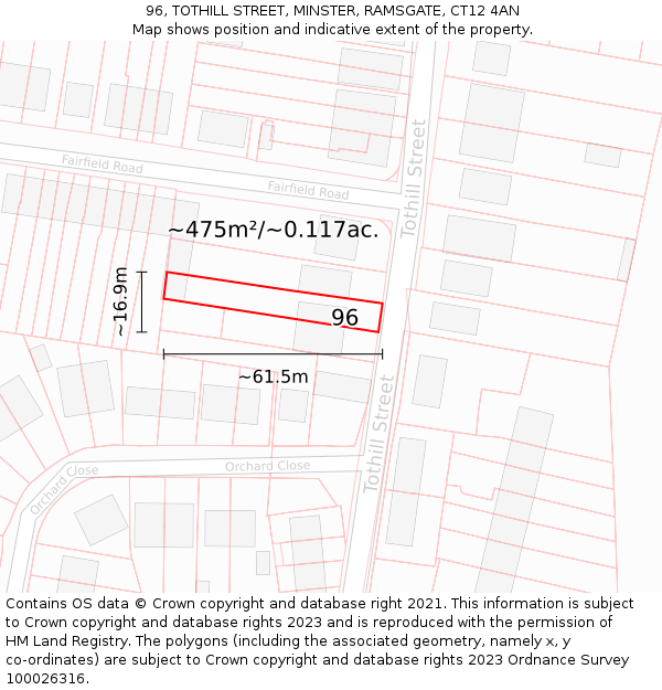 96, TOTHILL STREET, MINSTER, RAMSGATE, CT12 4AN: Plot and title map