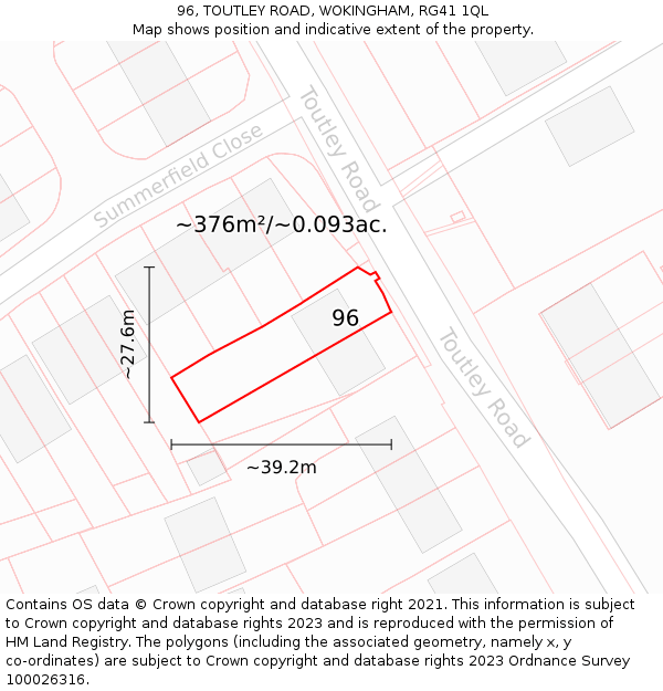 96, TOUTLEY ROAD, WOKINGHAM, RG41 1QL: Plot and title map