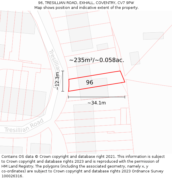 96, TRESILLIAN ROAD, EXHALL, COVENTRY, CV7 9PW: Plot and title map