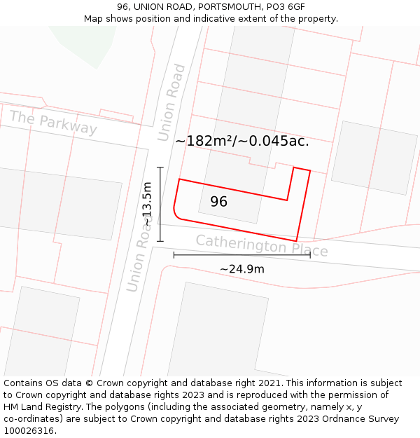 96, UNION ROAD, PORTSMOUTH, PO3 6GF: Plot and title map