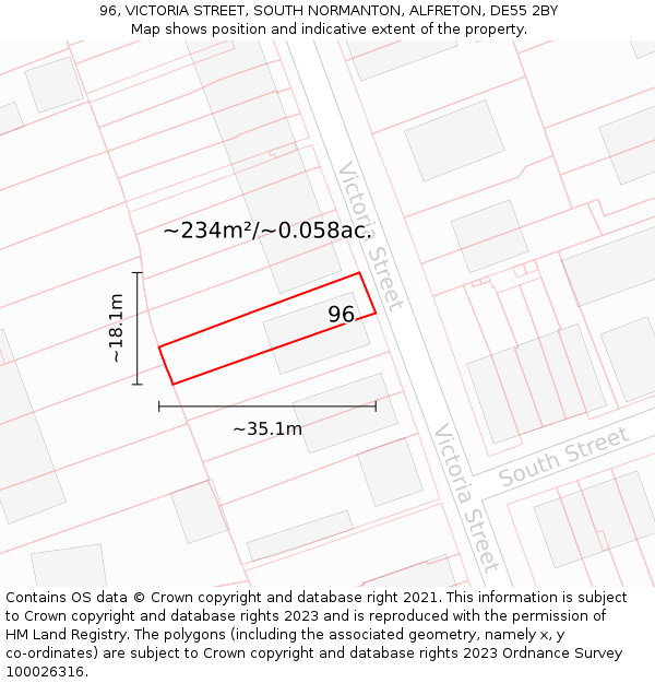 96, VICTORIA STREET, SOUTH NORMANTON, ALFRETON, DE55 2BY: Plot and title map