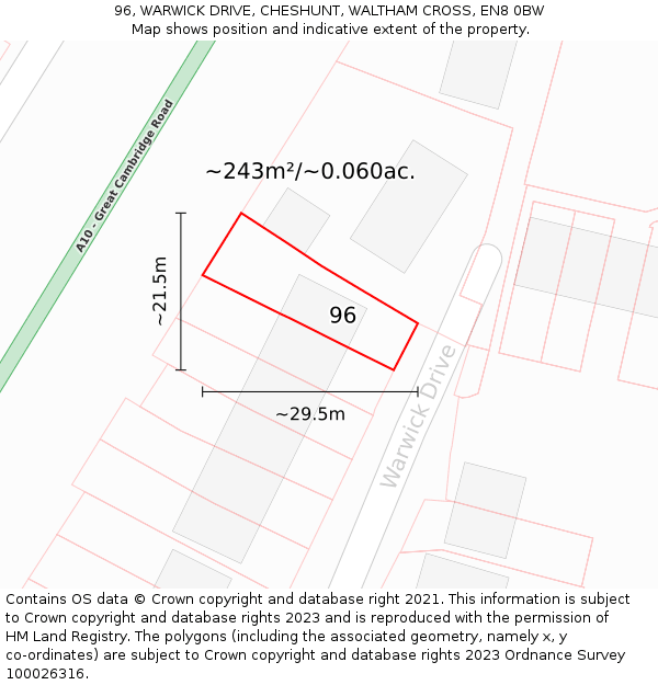 96, WARWICK DRIVE, CHESHUNT, WALTHAM CROSS, EN8 0BW: Plot and title map