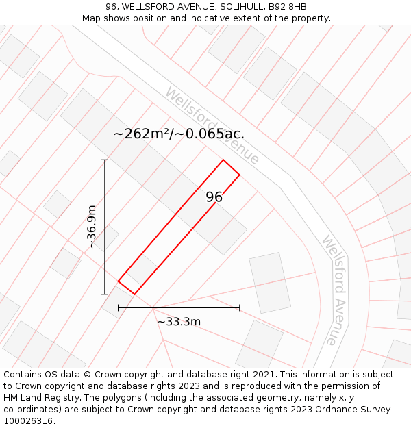 96, WELLSFORD AVENUE, SOLIHULL, B92 8HB: Plot and title map