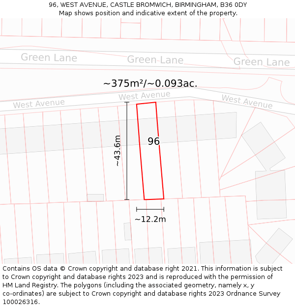 96, WEST AVENUE, CASTLE BROMWICH, BIRMINGHAM, B36 0DY: Plot and title map