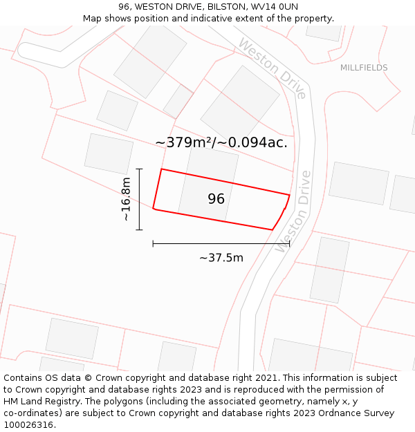 96, WESTON DRIVE, BILSTON, WV14 0UN: Plot and title map