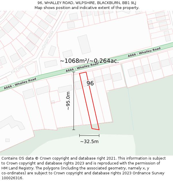 96, WHALLEY ROAD, WILPSHIRE, BLACKBURN, BB1 9LJ: Plot and title map