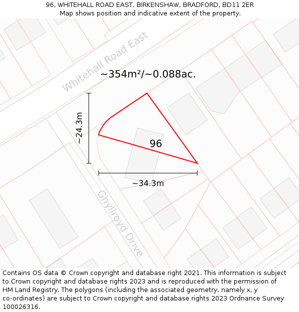 96, WHITEHALL ROAD EAST, BIRKENSHAW, BRADFORD, BD11 2ER: Plot and title map